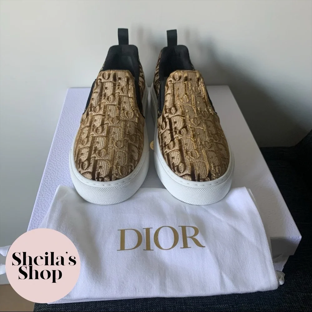 NIB Christian Dior Solar Bronze Velvet Oblique Logo Slip On Sneakers Size 36.5 - Picture 2 of 10